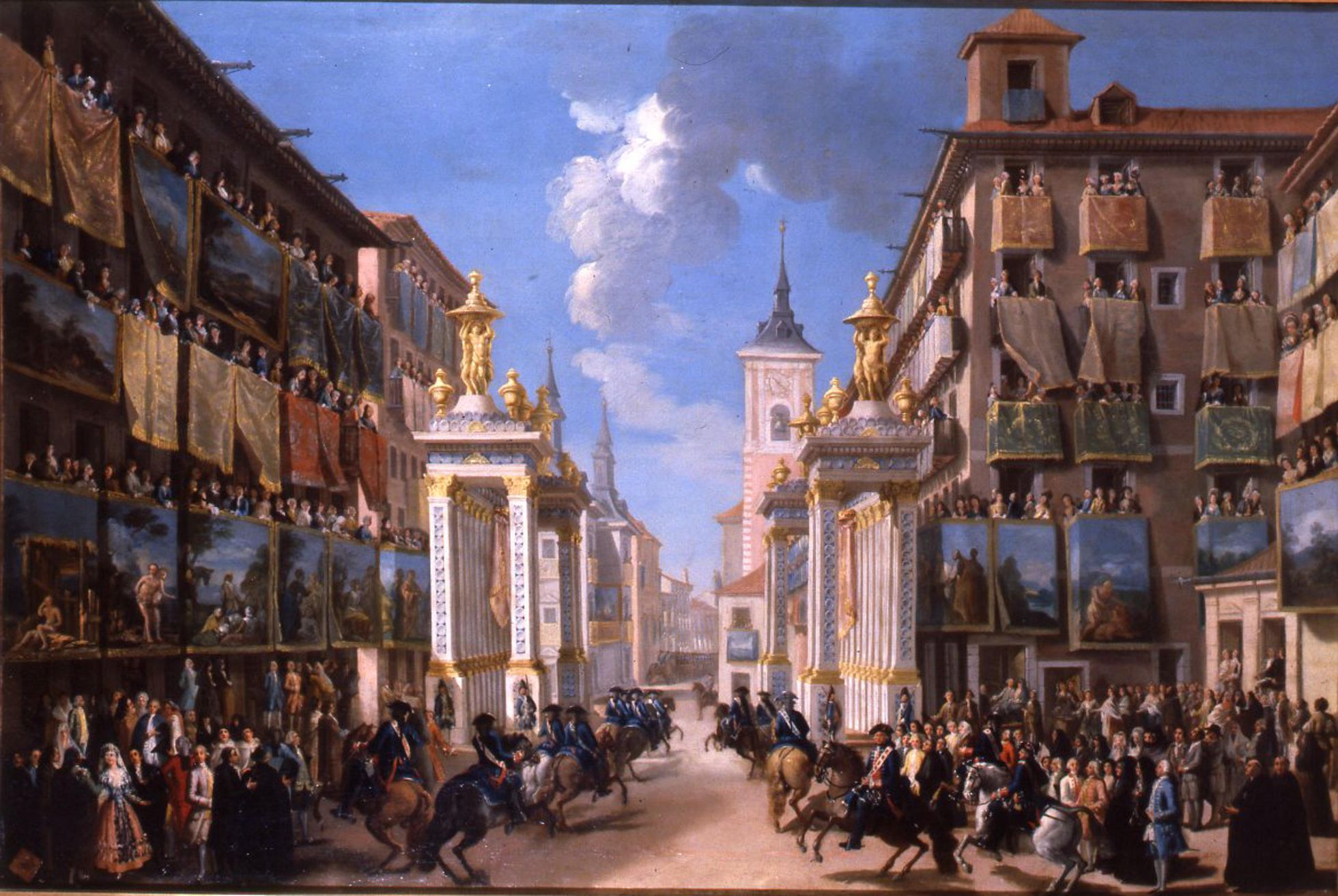 Ornatos de la Calle de las Platerías con motivo de la entrada de Carlos III en Madrid, del pintor Lorenzo Quirós (en torno a 1763). ALAMY